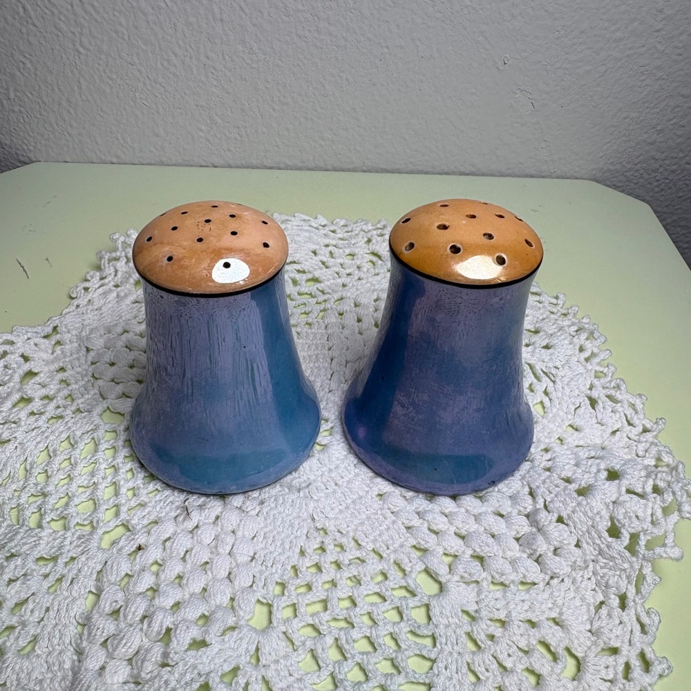 Vintage Japan Blue Salt Pepper Shakers Iridescent Lusterware Ceramic